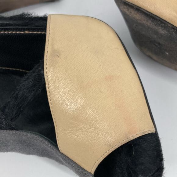 Aperlai Paris Womens Black Gray Tan Leather Pony Peep Toe Heels Size 38 1/2 - Picture 5 of 16